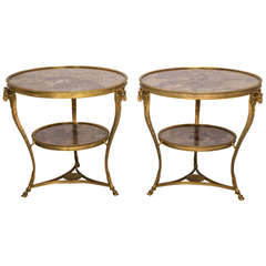 Fabulous Pair of Bronze and Marble Top Round Tables