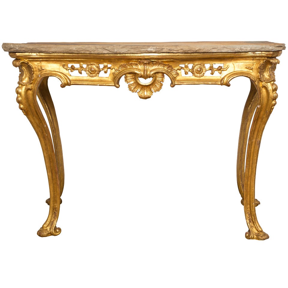 19c. Unusually Grand Scale Italian Gilt Console with Stone Top For Sale