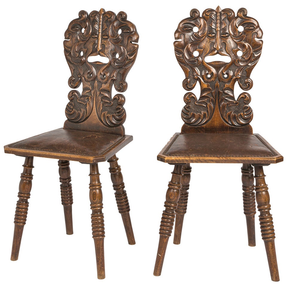 Pair of Carved Face Hall Chairs