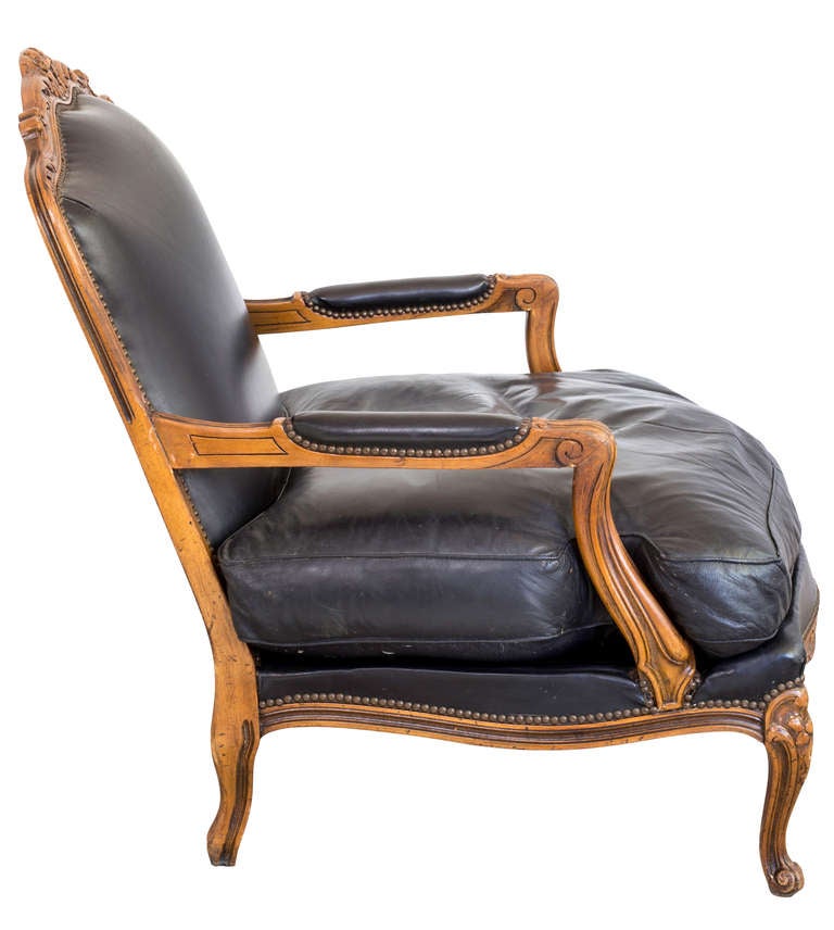 French Leather Lounge Bergere Arm Chair For Sale