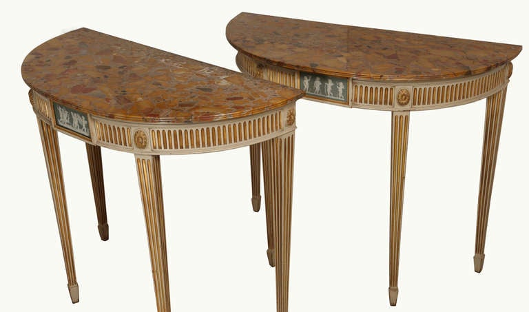 19c. Pair of Demi-lune  Marble Stone Top Console Server Tables