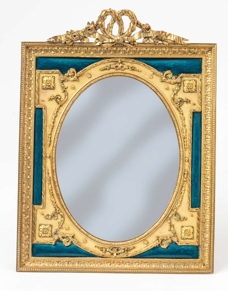 Early 1900s Rare Beautiful bronze dore photo frame.  Dome glass encased fine blue moire.  Made in France for B Altman & Co