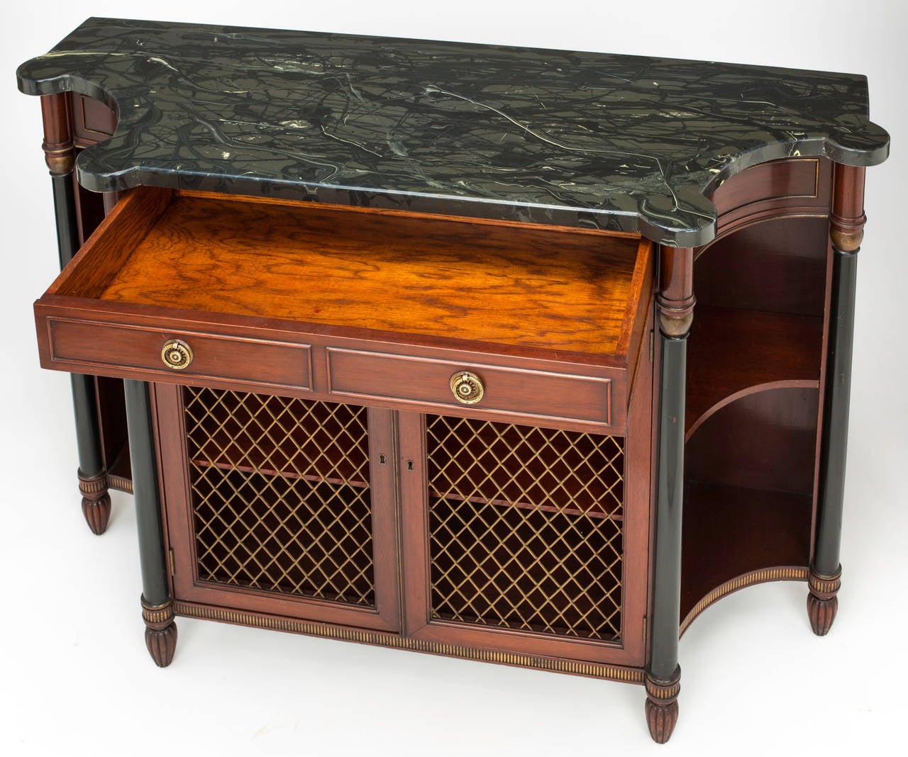 Mahogany Pair of Marble-Top Console Cabinets, circa 1920s