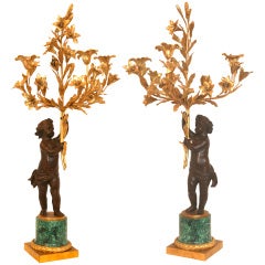 Pair of 19c. Bronze Dore' Cherub & Malachite Candle Stands