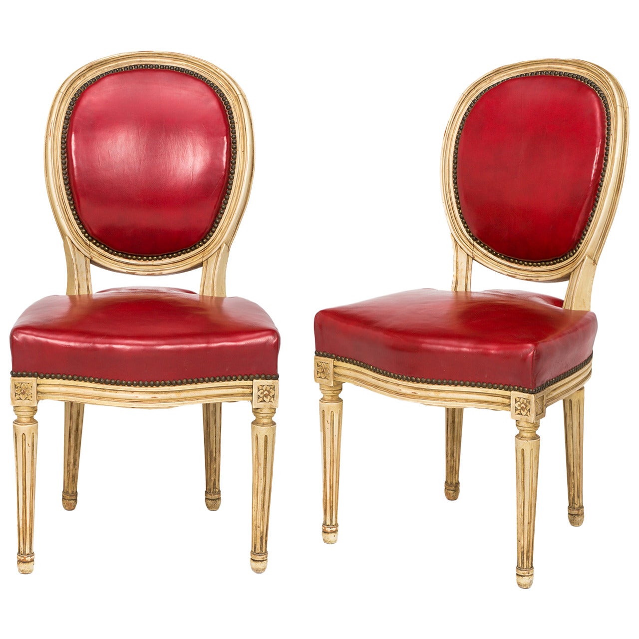Pair of French Louis XVI Style Red Leather Chairs, 19th Century For Sale