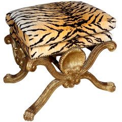 Gilt Wood  Leopard Upholstered Bench Stool