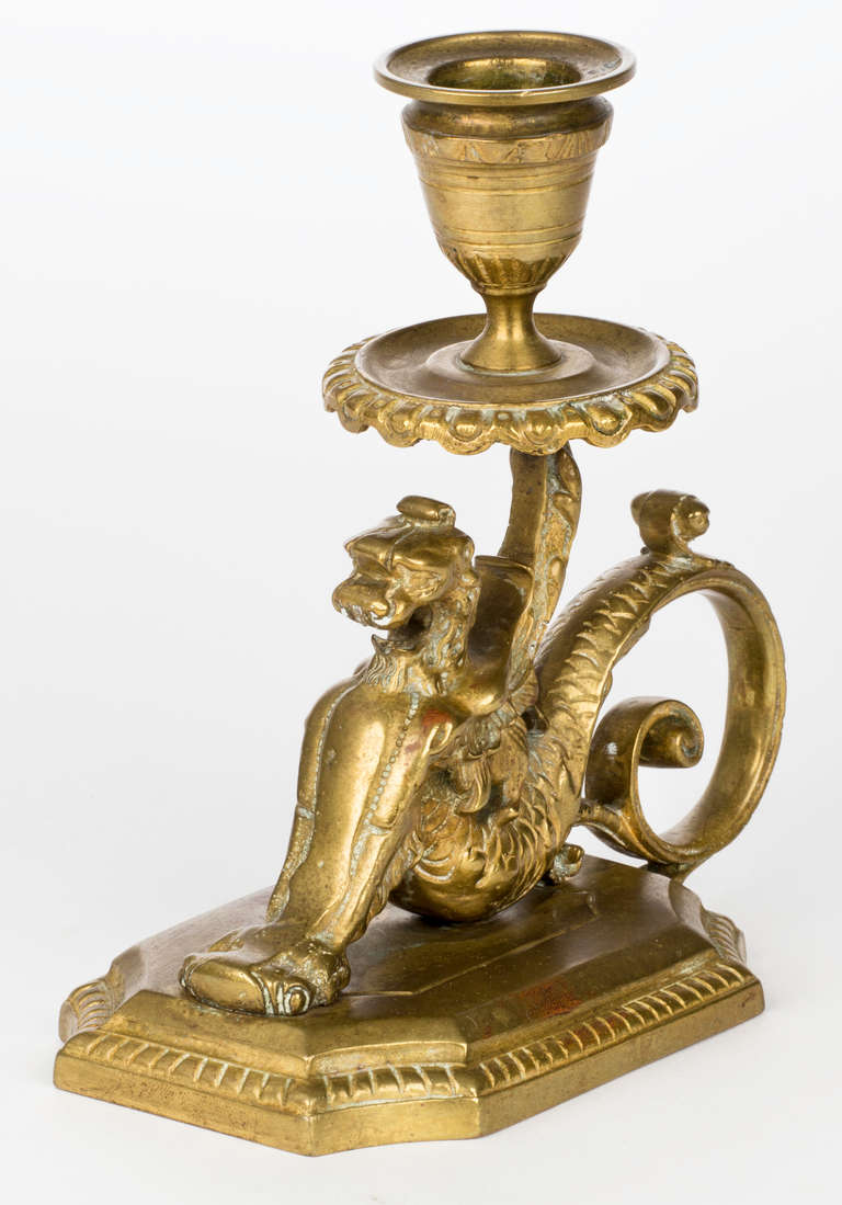 Antique Brass Griffin Candleholder In Excellent Condition In Summerland, CA