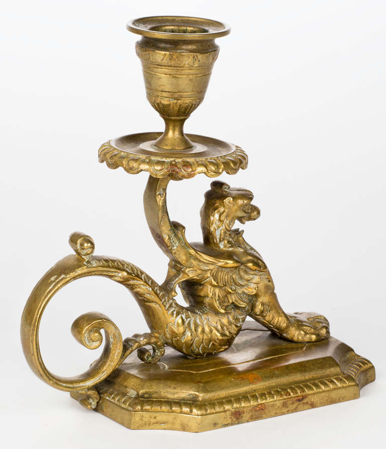 Mid-20th Century Antique Brass Griffin Candleholder