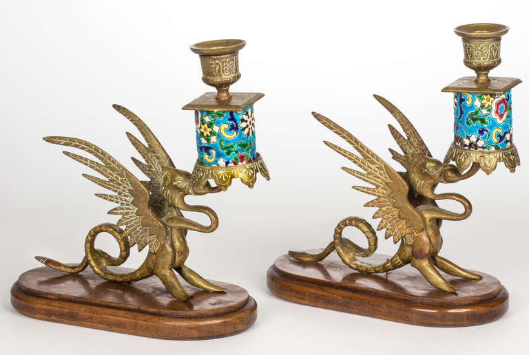 French Longwy Griffin Candlesticks, Pair In Excellent Condition In Summerland, CA