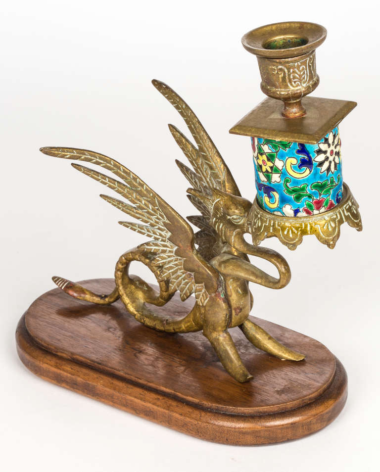 20th Century French Longwy Griffin Candlesticks, Pair
