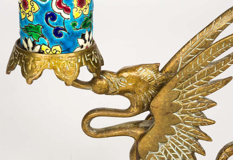 French Longwy Griffin Candlesticks, Pair 1