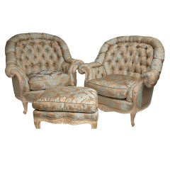 EARLY 1900s PAIR OF LOUNGE ARM CHAIRS & OTTOMAN