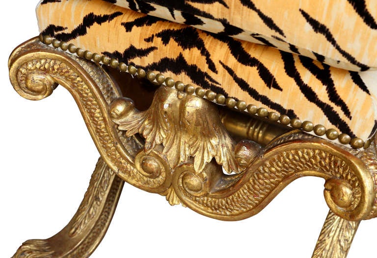 Italian Gilt Wood  Leopard Upholstered Bench Stool