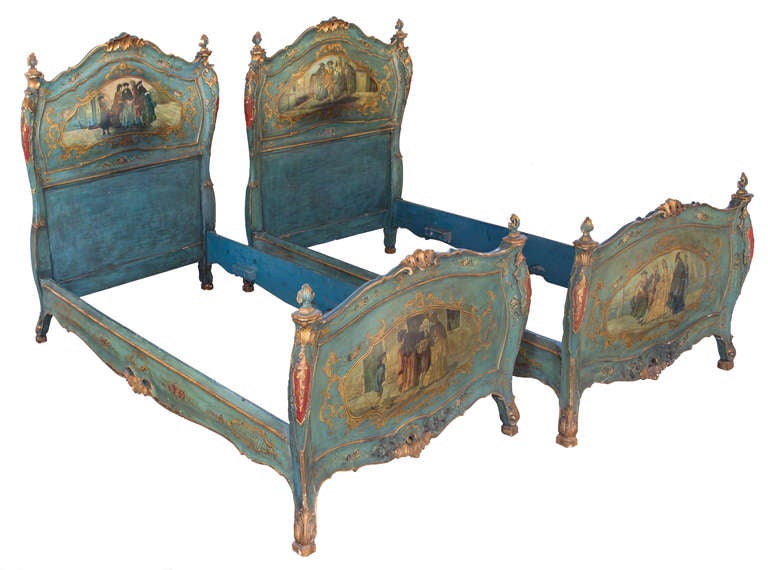 Venetian masquerade party scene! 
Stunningly beautiful painted set of twin beds. 
Four different scenes on each bombe panels. Please see the details!
 Includes two headboards, two footboards, four side rails. 
Will fit standard twin