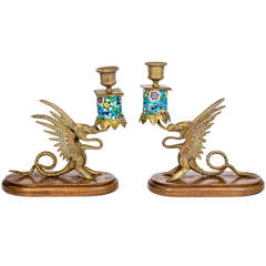 French Longwy Griffin Candlesticks, Pair