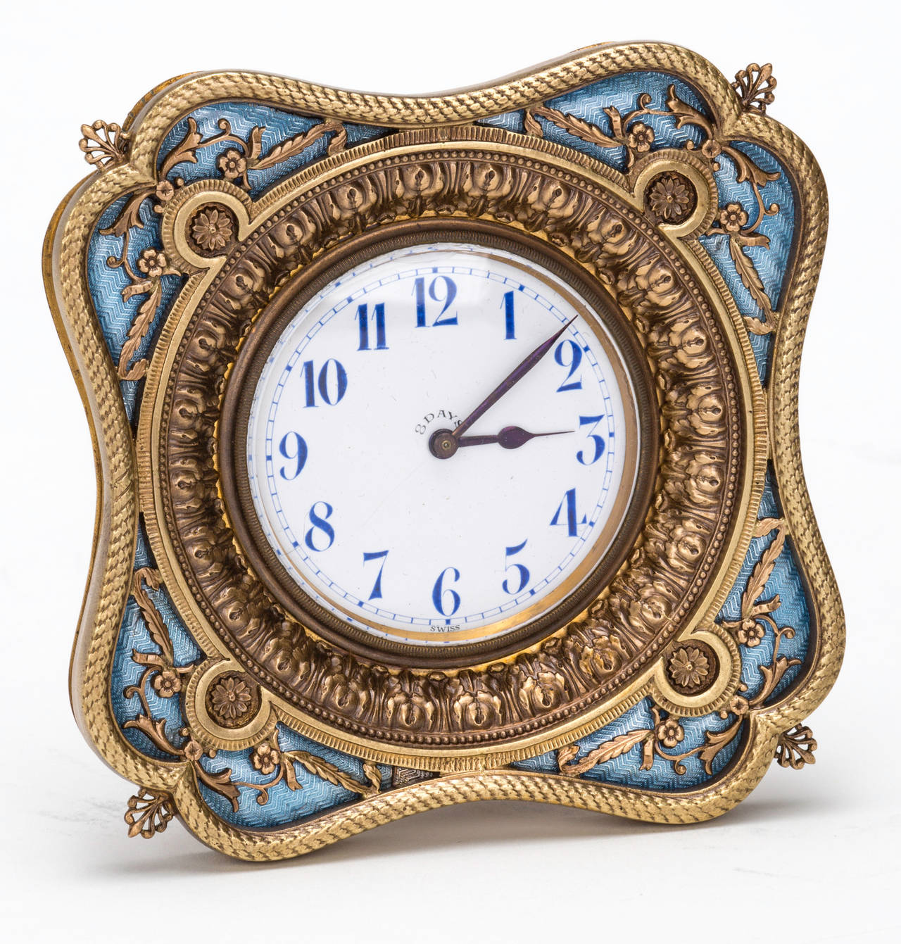 Lovely French Style blue guillioche enamel and gilt bronze  clock.  8 day wind up.  Pull up to set time.  Made by S Nordlinger & Sons in the early 1900s.  Working condition.