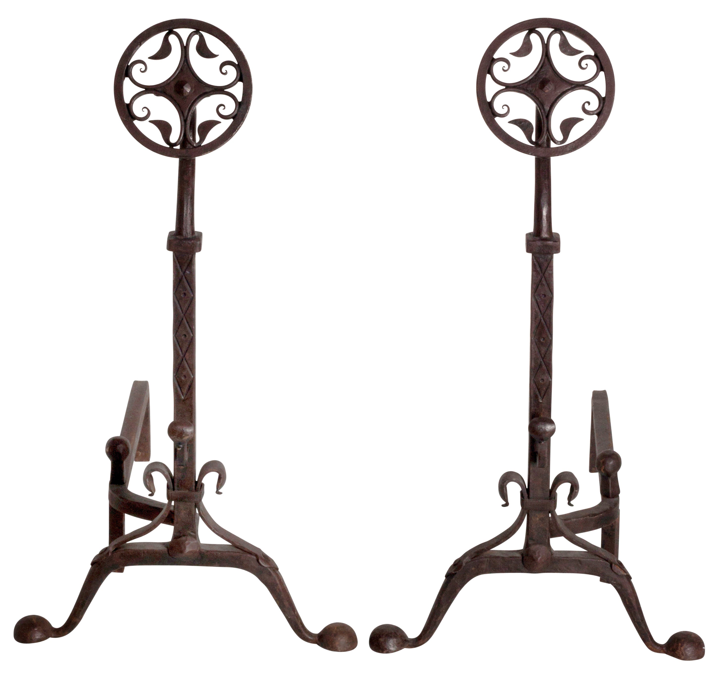 French Medallion Hand Forged Iron Andirons