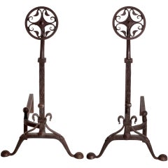 French Medallion Hand Forged Iron Andirons