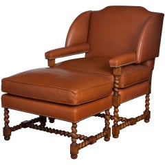 Vintage Leather Wing Chair with Ottoman