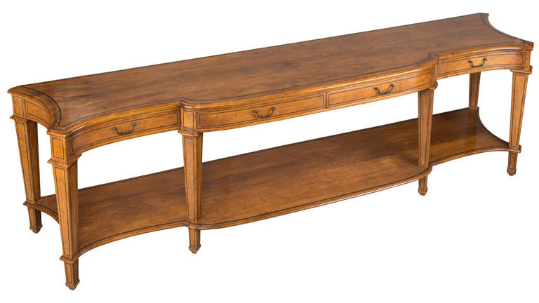Outstanding large over scale console table with three drawers and shelf below.
Beautifully handmade in solid walnut wood.