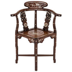 Four Rosewood, Mother of Pearl Inlay Corner Chair