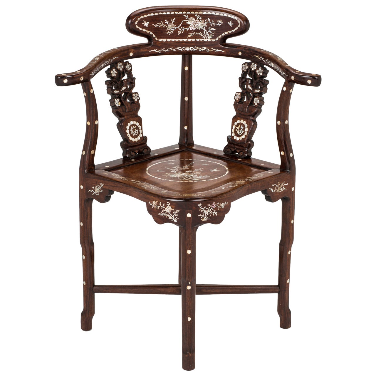 Four Rosewood, Mother of Pearl Inlay Corner Chair