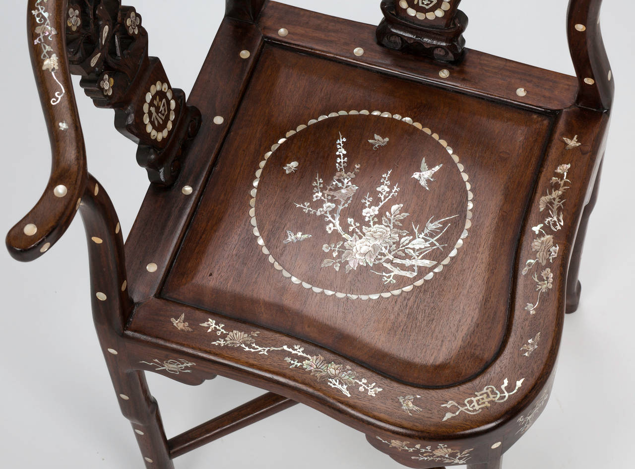 Mid-20th Century Four Rosewood, Mother of Pearl Inlay Corner Chair