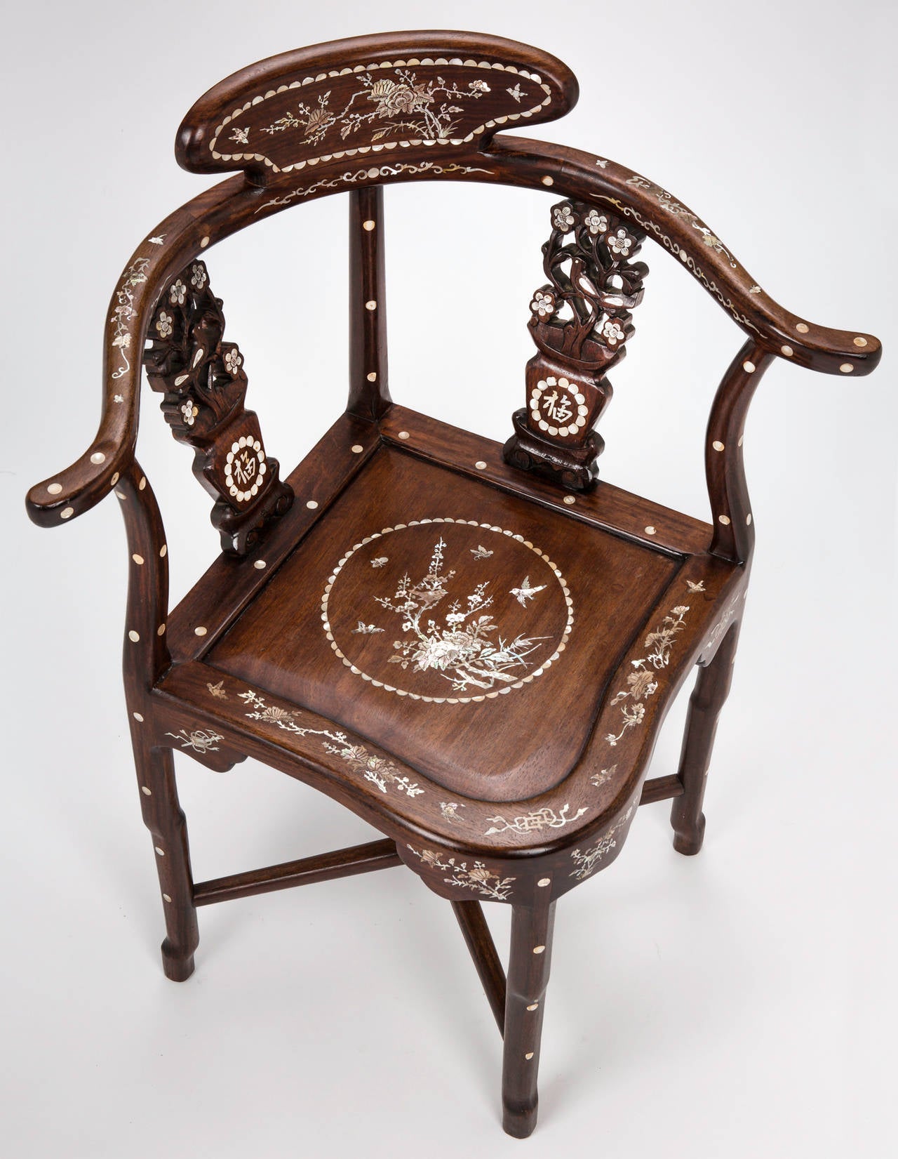 Four Rosewood, Mother of Pearl Inlay Corner Chair 1