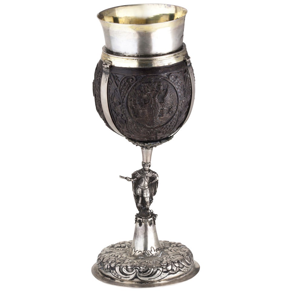 18C. Russian Silver and Carved Coconut Goblet