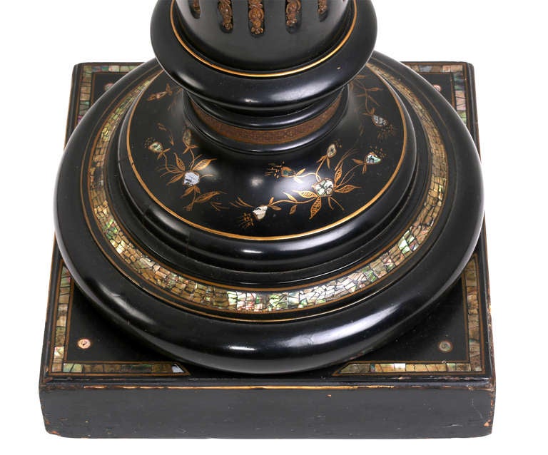 19th Century Pedestal Stand, Ebonized Inlaid Mother of Pearl In Excellent Condition In Summerland, CA