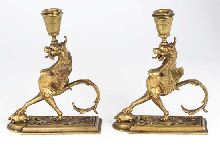 Pair of Antique Brass Griffin Candleholders, circa 1920s In Excellent Condition In Summerland, CA