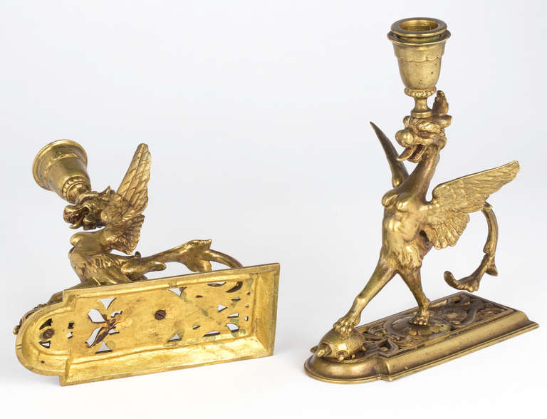 20th Century Pair of Antique Brass Griffin Candleholders, circa 1920s