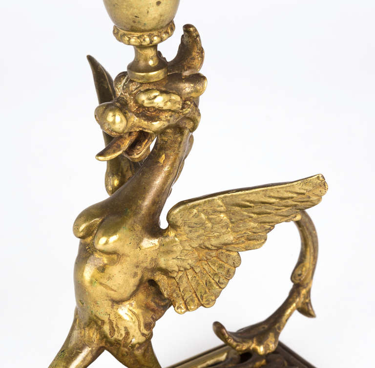 Pair of Antique Brass Griffin Candleholders, circa 1920s 1