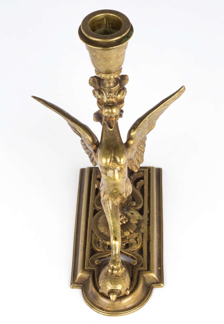 Pair of Antique Brass Griffin Candleholders, circa 1920s 5