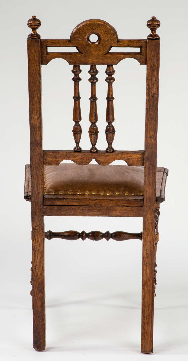 Leather Dining Chairs, Pair of English Oak, circa 1900s For Sale 4