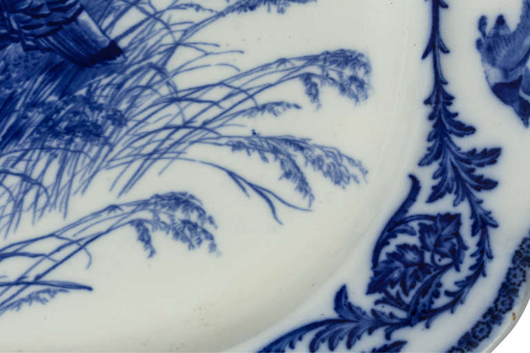 English C. 1900s, Large Flow Blue and White Turkey Platter