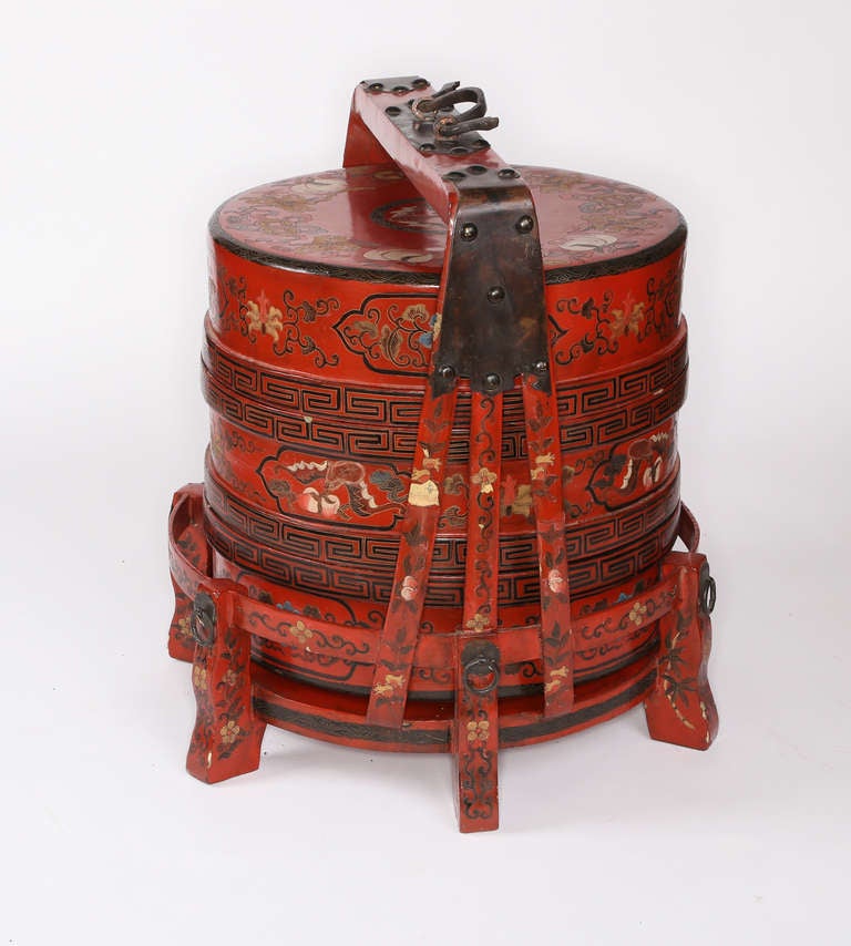 20th Century Red Lacquer Chinese Wedding Carrier Box