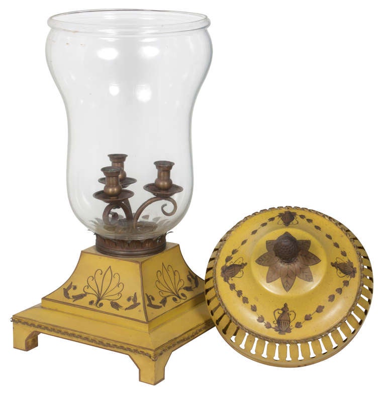 1900s Large Stately Tole Hurricane Candle Holder Lamp For Sale at 1stdibs