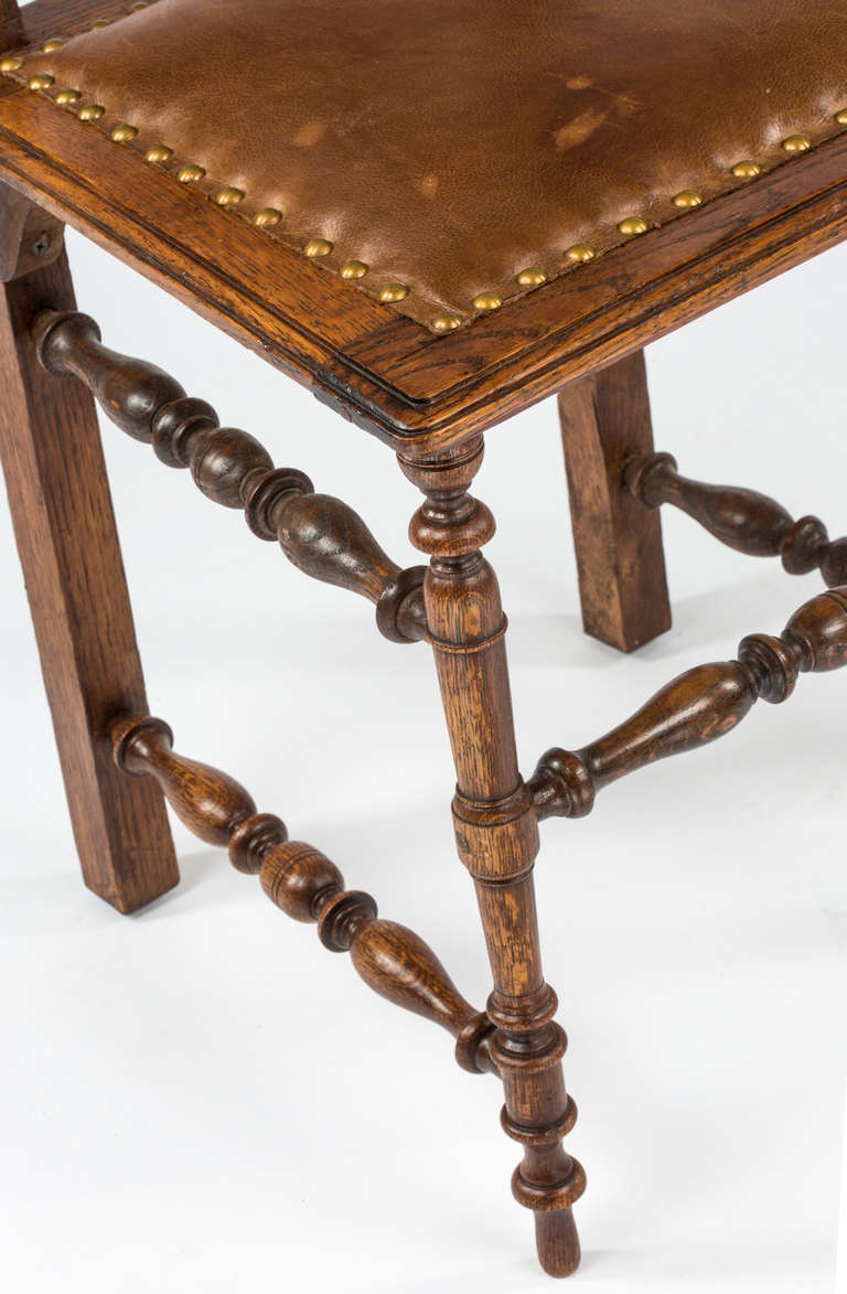 Leather Dining Chairs, Pair of English Oak, circa 1900s For Sale 6