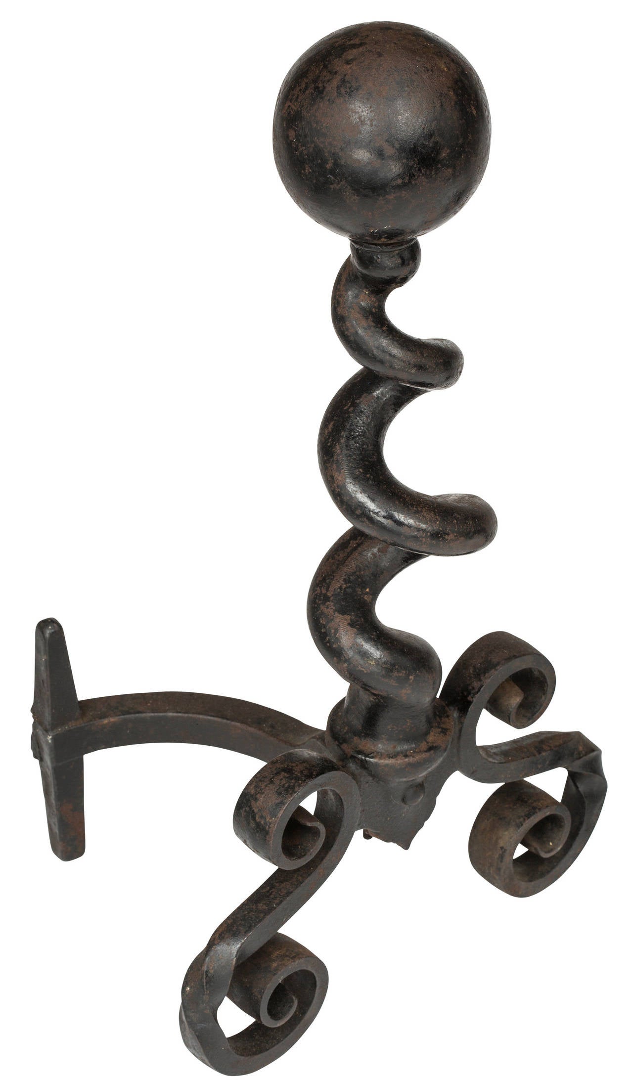 Pair of beautifully made iron spiral large ball andirons. Nicely scaled.