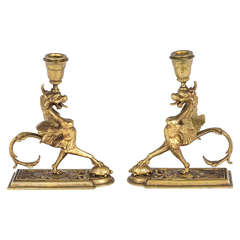 Pair of Antique Brass Griffin Candleholders, circa 1920s