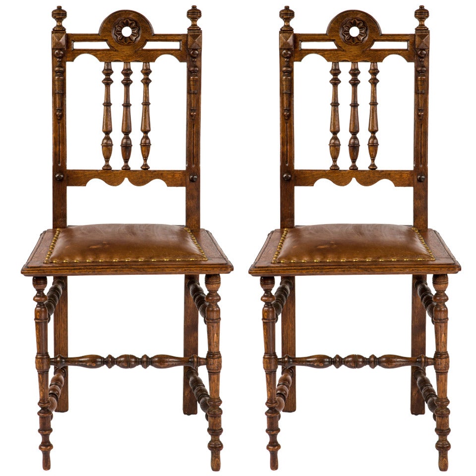 Leather Dining Chairs, Pair of English Oak, circa 1900s For Sale