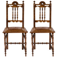 Leather Dining Chairs, Pair of English Oak, circa 1900s