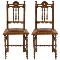 Leather Dining Chairs, Pair of English Oak, circa 1900s