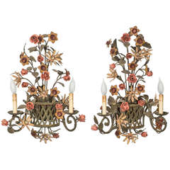 Pair Italian Tole Flower Wall Sconces