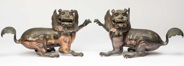 Fantastic pair of Chinese Foo Lions.  Beautifully bronze cast with superb details and expressions.  Heads are hinged to open for incense, however,  One of the figure's head has been permanently fastened and does not hinge back.  Otherwise in perfect