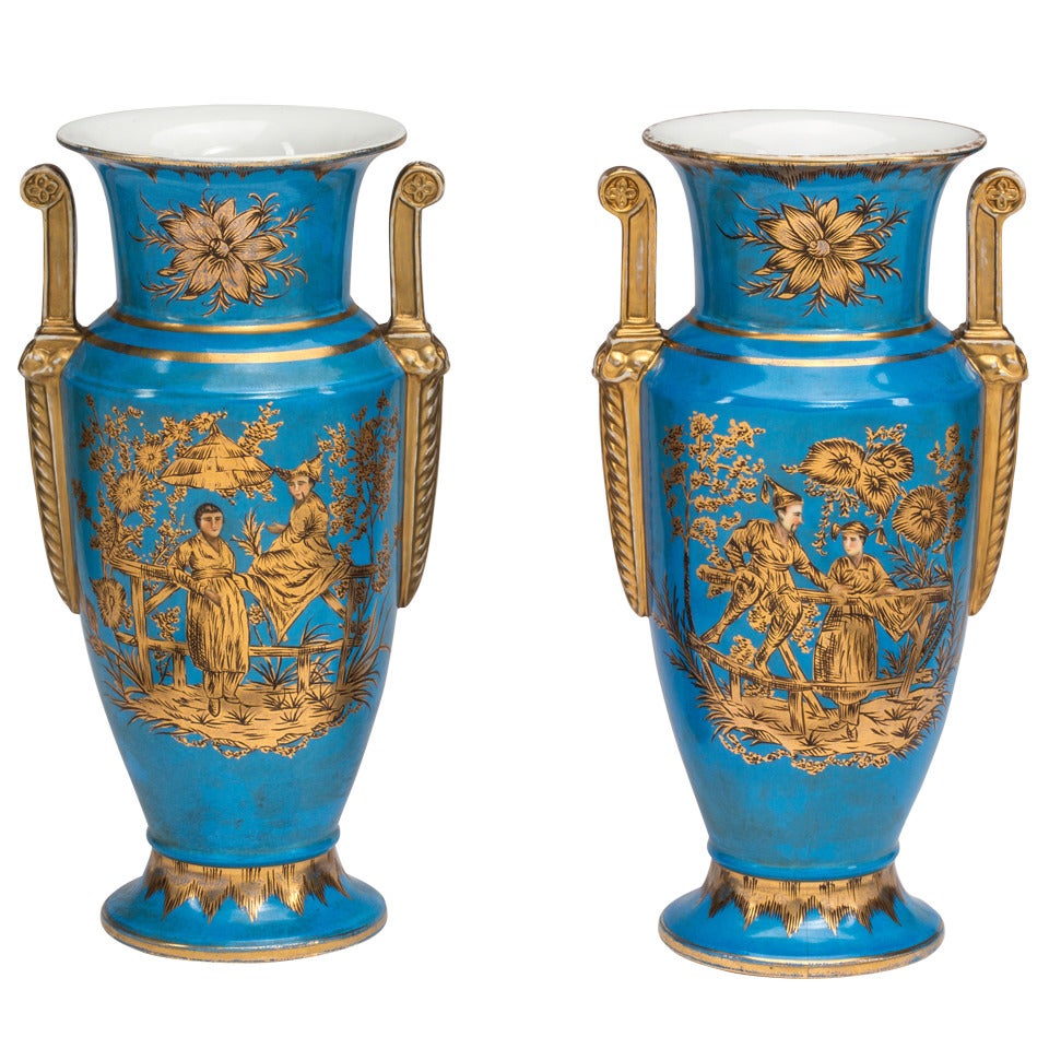 Pair of French Blue Chinoiserie Vases/Urns