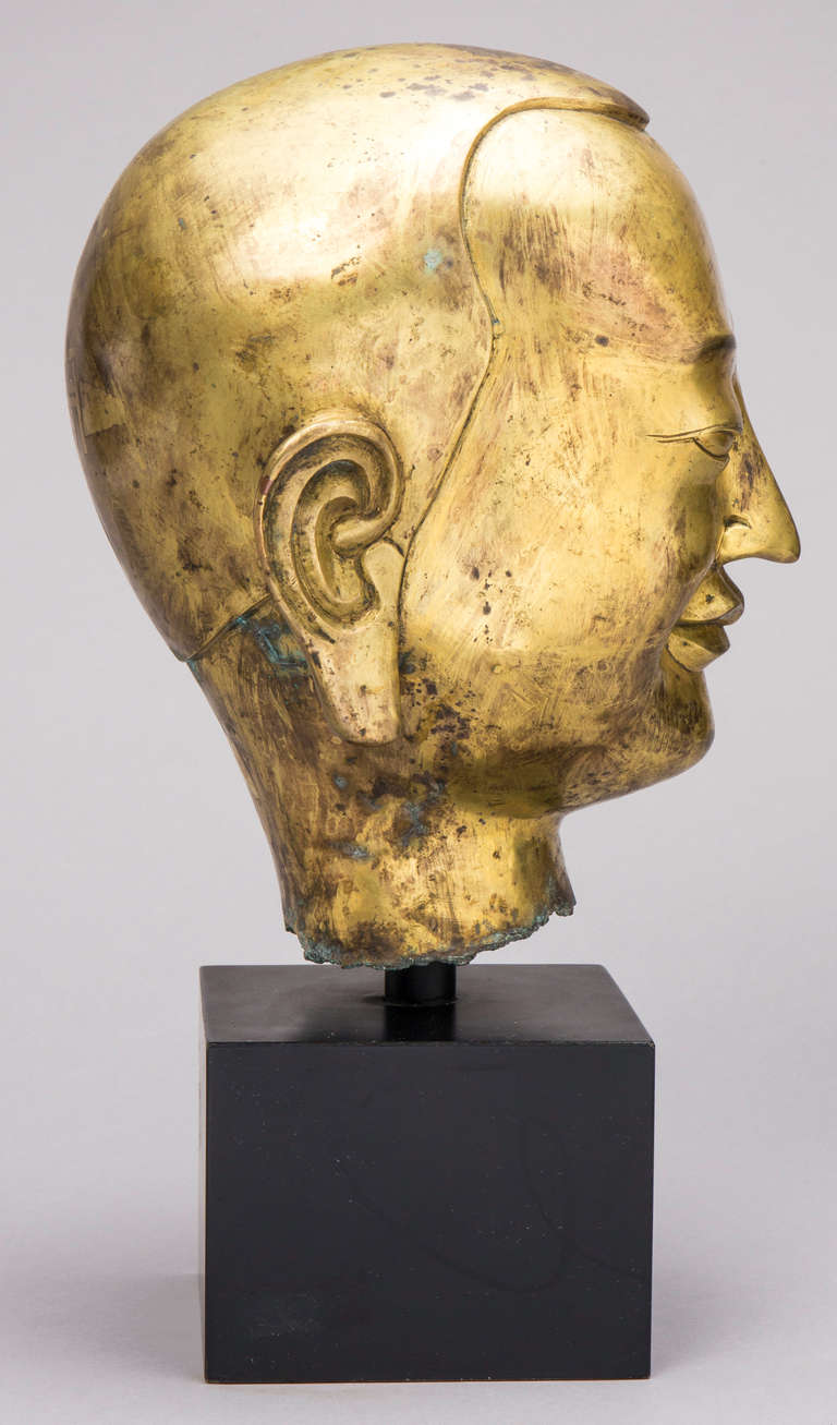 Wood 19th Century Gilt Bronze Head of Tibetan Lama