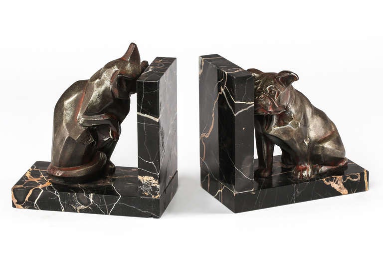 French Art Deco Dog & Cat Bookends signed I. Rochard