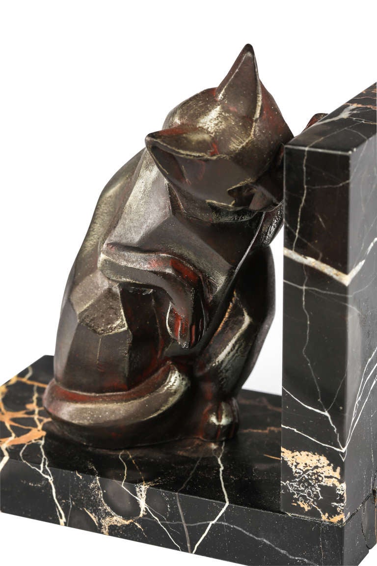 Metal Art Deco Dog & Cat Bookends signed I. Rochard